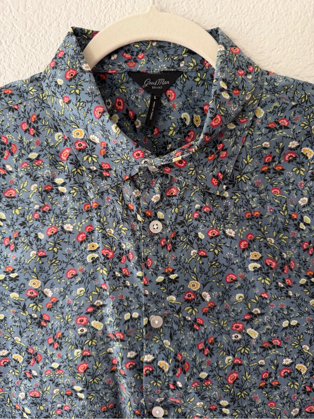 Good Man Brand Blue Floral Button Up Shirt Men’s Large Short Sleeve